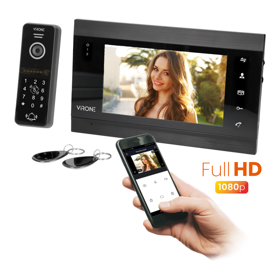  VIFIS Full HD video doorphone set, handset-free, 7" LCD monitor, OSD menu, Full HD camera, code lock, card/proximity...