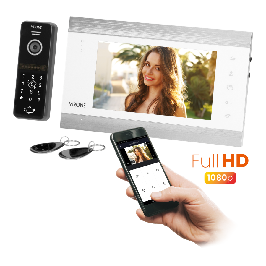  VIFIS Full HD video doorphone set, handset-free, 7" LCD monitor, OSD menu, Full HD camera, code lock, card/proximity...