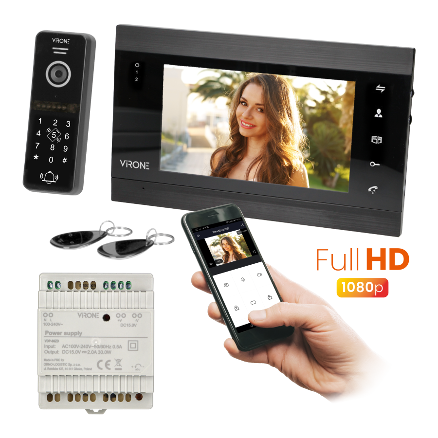  VIFIS FHD video doorphone set (handset-free, code lock, cards/proximity tags reader, mobile app-controlled, DIN rail...