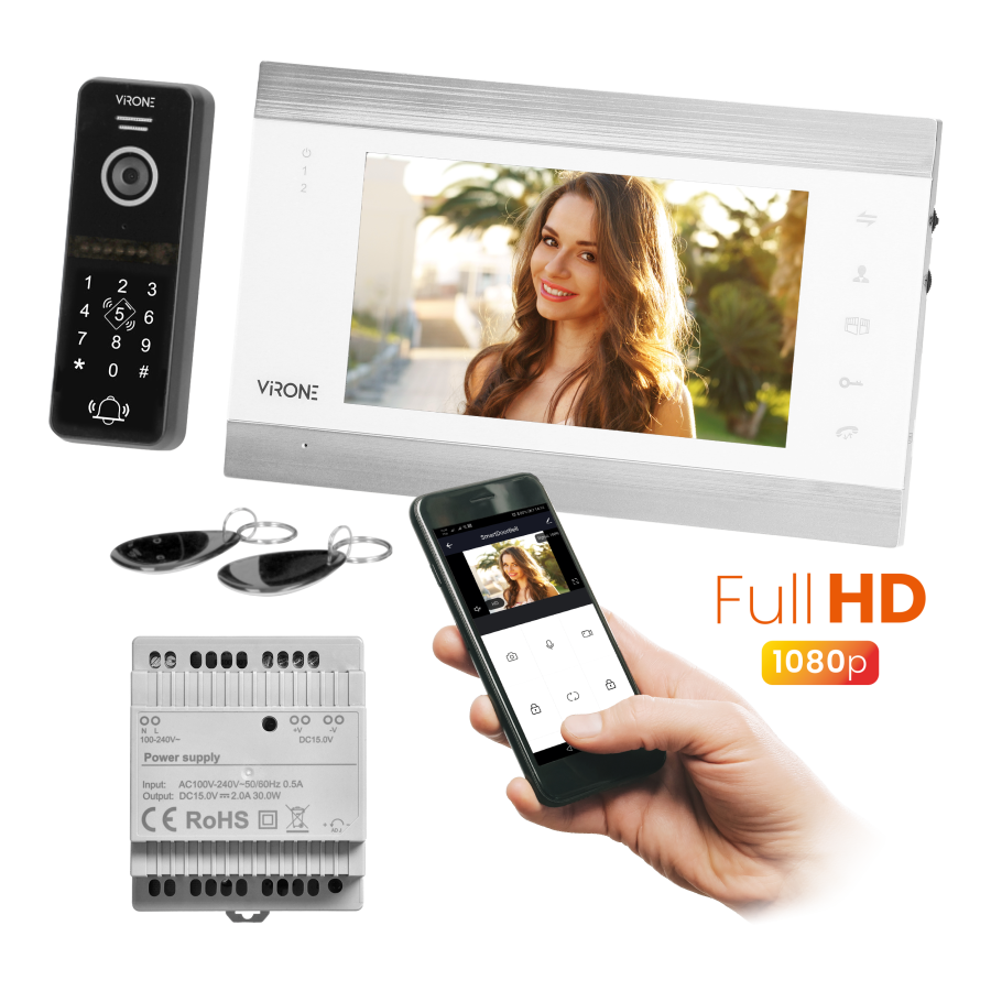  VIFIS FHD video doorphone set (handset-free, code lock, cards/proximity tags reader, mobile app-controlled, DIN rail...