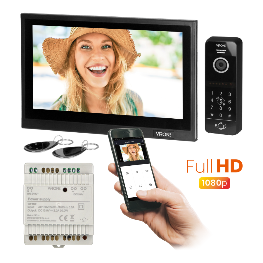 BESAR video doorphone set, handset-free, 10" monitor, code lock, card/proximity tags reader and mobile application