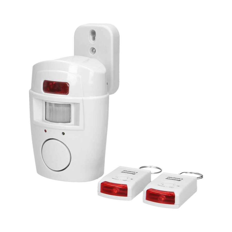 Mini wireless IR alarm with integrated siren and 2 remote control units, 6m operation range, battery-operated