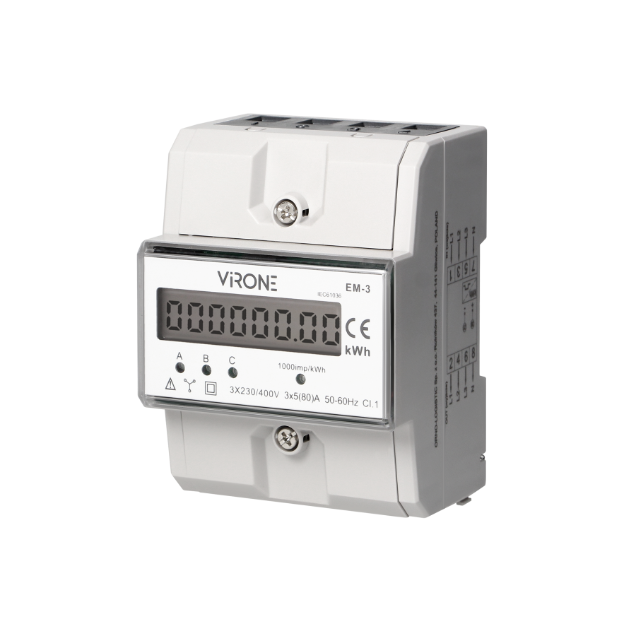 Three-phase energy meter, 80A, 4,3 modules, DIN TH-35mm