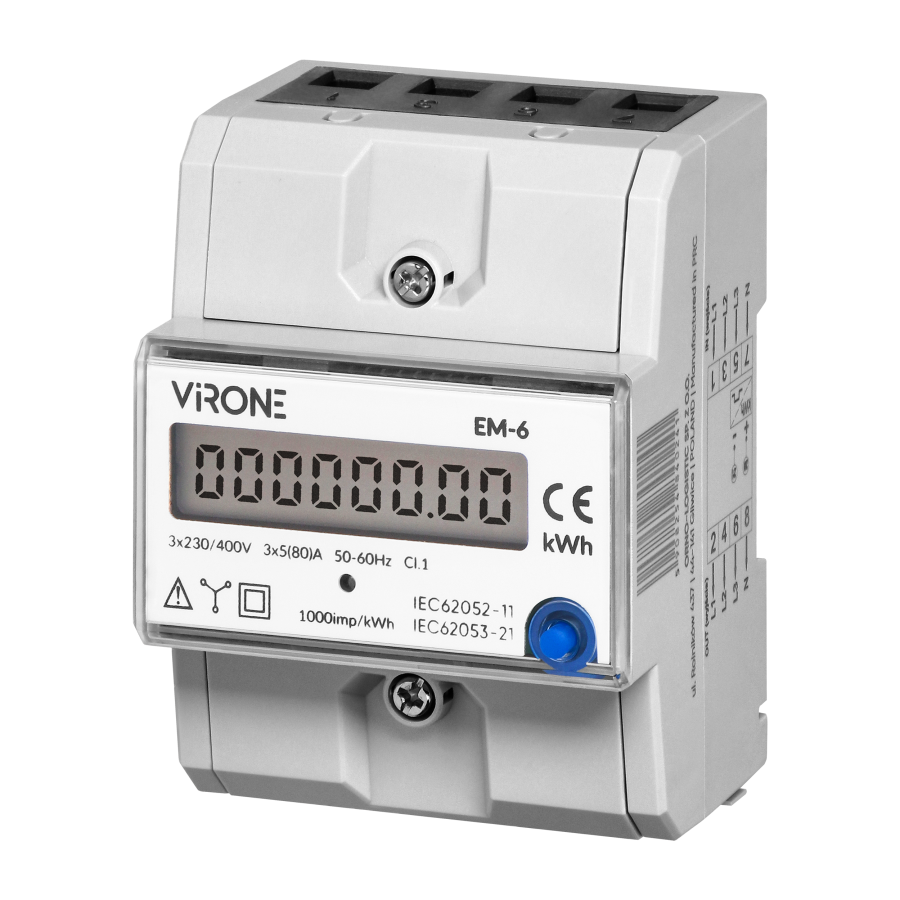 Three-phase energy indicator, 80A, additional indicator, pulse output, RESET button, 2 modules, DIN TH-35mm