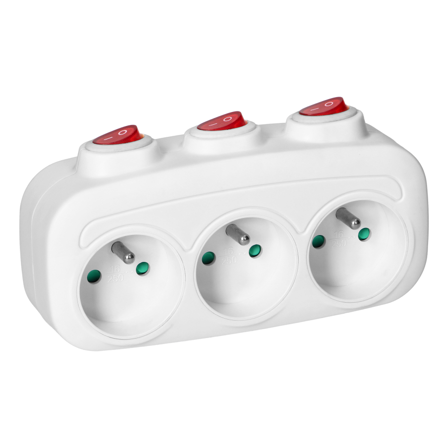 Socket splitter 3x2P+E with 3 individual switches