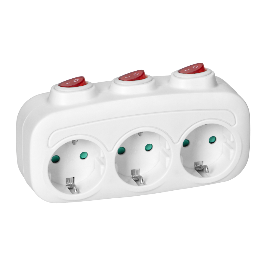 Socket splitter 3x2P+E (Schuko) with 3 individual switches