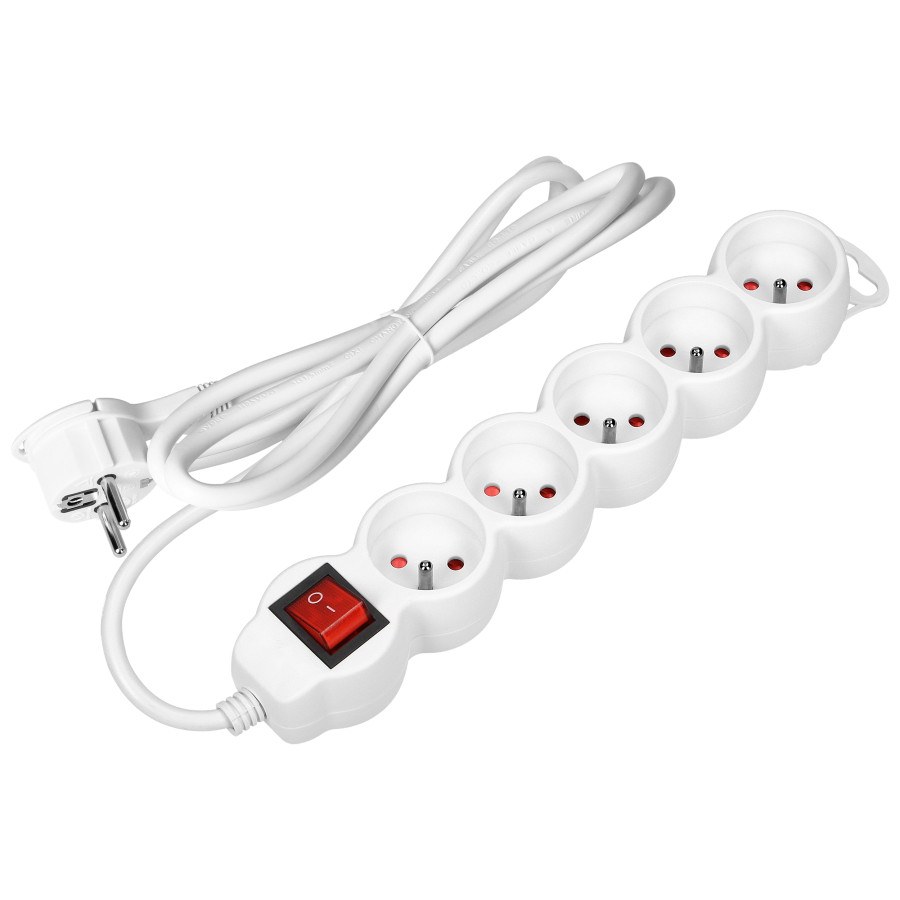 Extension sockets 5x 2P+E with a switch, 1.5m  H05VV-F 3x1.5mm2, Imax 16A, white