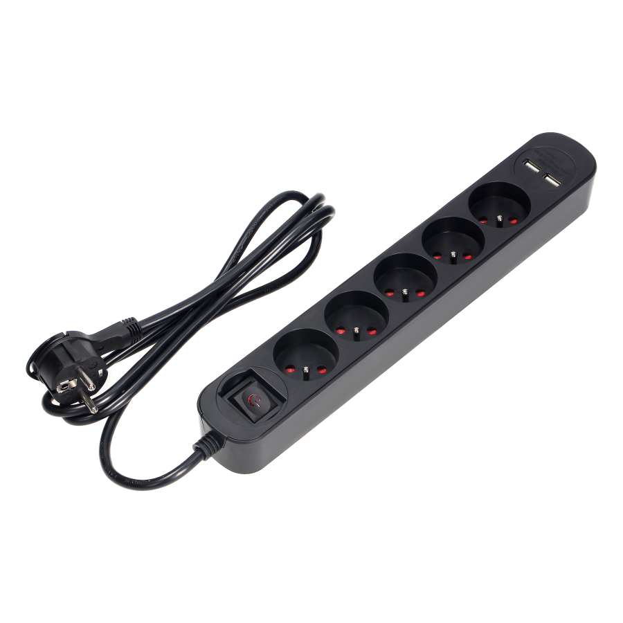  Power strip with surge protection, 5 sockets 2P+E, 1.5m cable, two-track backlit switch, 10A/230 VAC, 2xUSB 2.1A, flat...