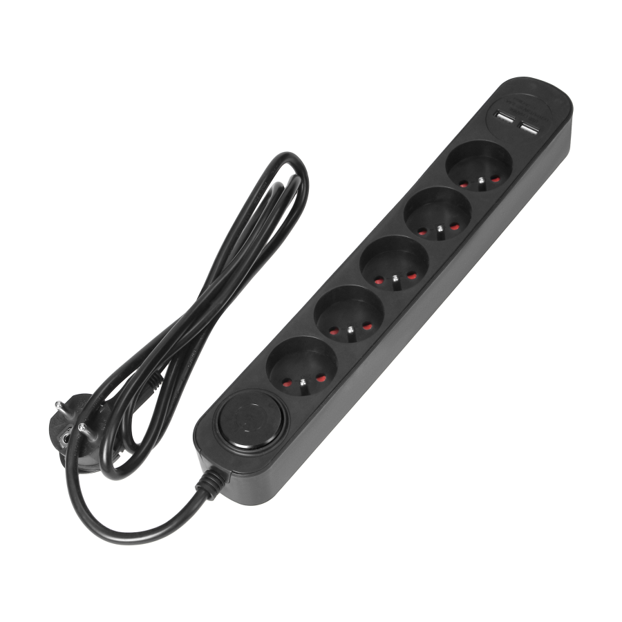 Power strip with surge protection and main switch, 5 sockets 2P+E, 1.5m cable, 2xUSB 2.1A chargers and flat plug