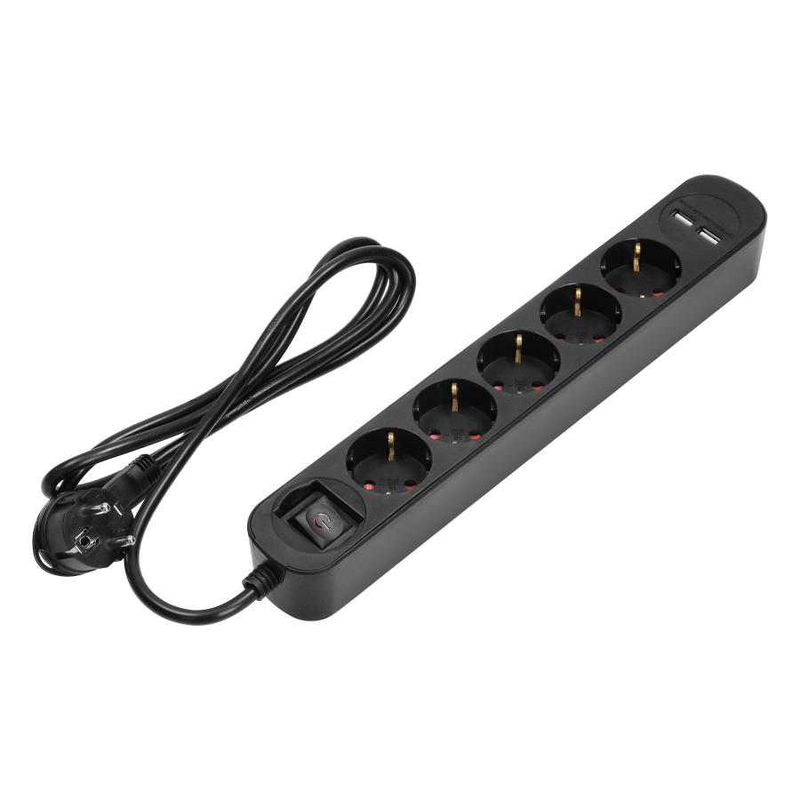  Power strip with surge protection and backlit main switch, 5 sockets 2P+E (Schuko), 2 x USB chargers, cable 3x1mm²,...