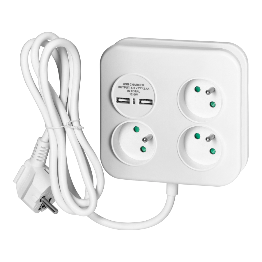 Square power strip 3x2P+E with USB charger, 2xUSB-A, 3x1.0mm2 cable, 1.4m