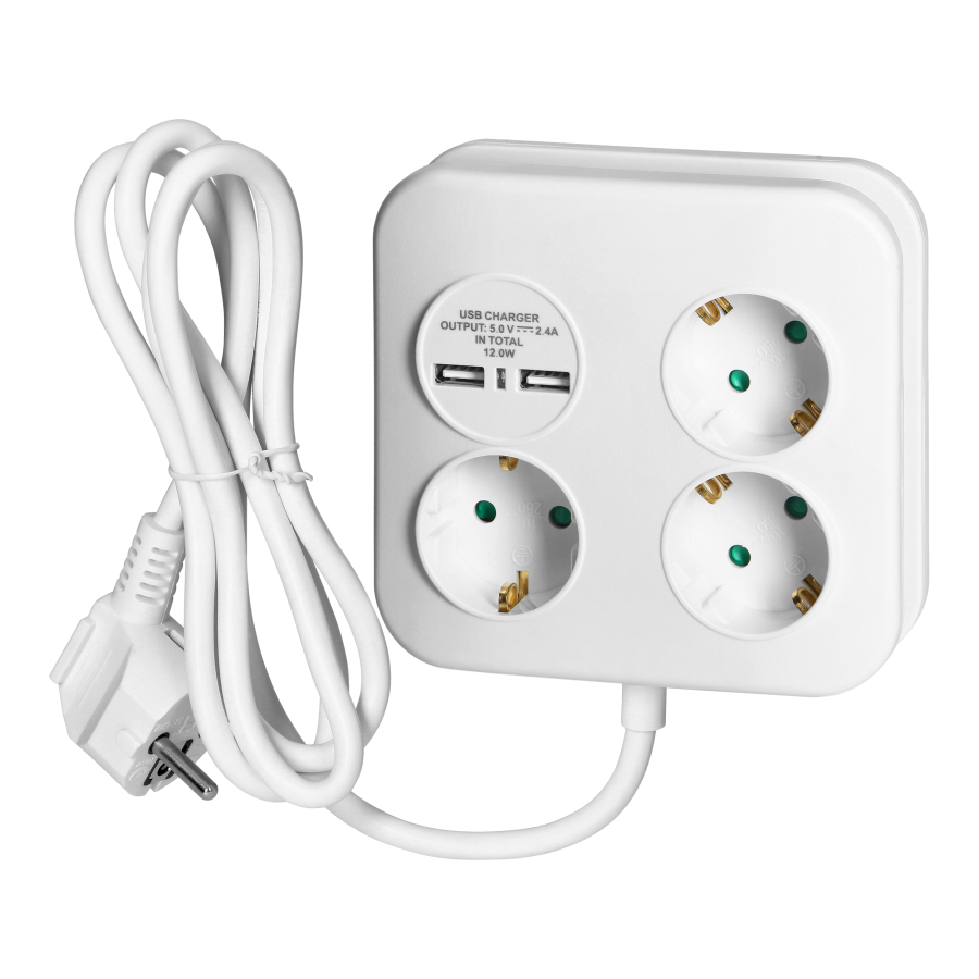 Square power strip 3x2P+E (Schuko) with USB charger, 2xUSB-A, 3x1.5mm2 cable, 1.4m