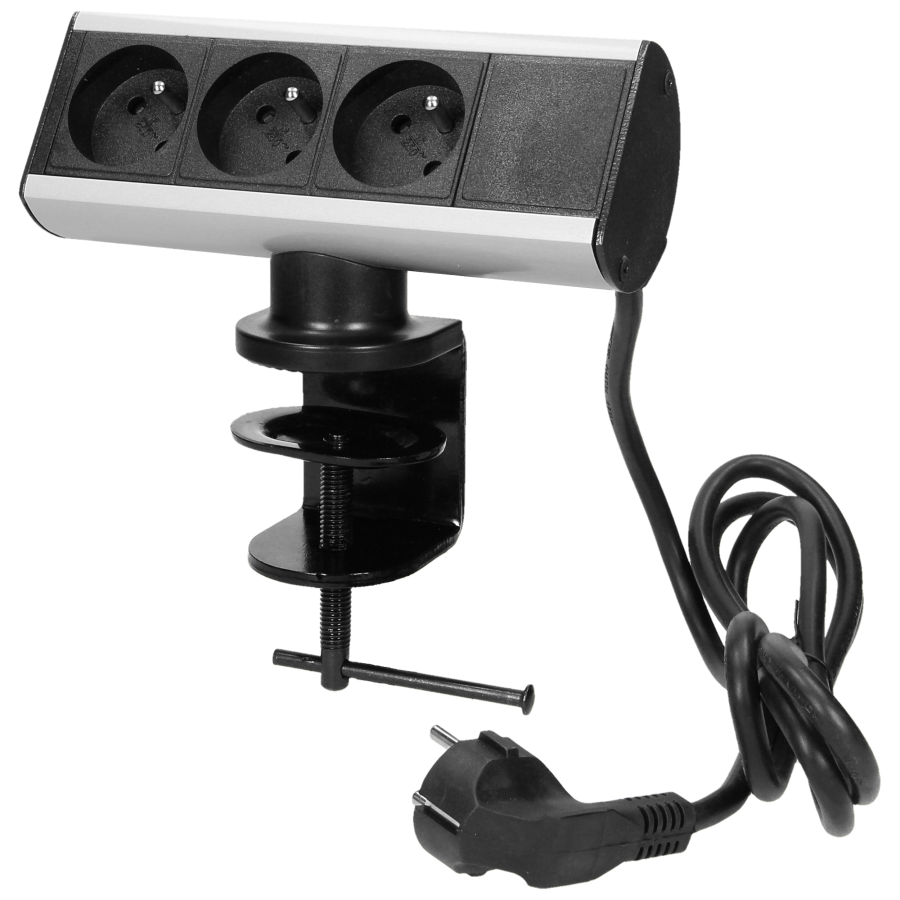 Desktop-mounted 3x2P+E socket with clamp holder and 1.8m cable