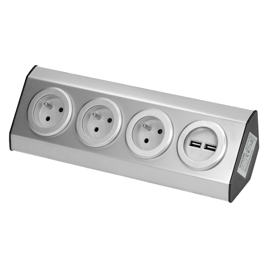  Set of power sockets with USB charger suitable for furniture and kitchen, with velcro mounting strips -3x2P+E, 2xUSB,...